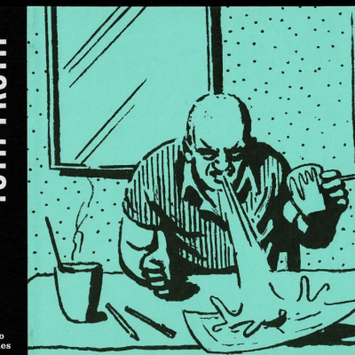 Capa de álbum ilustrada com homem a vomitar, texto TUTTI FRUTTI