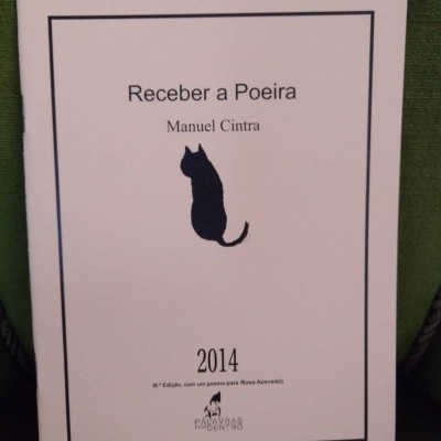 Capa de livro branco com título 'Receber a Poeira' e gato preto desenhado