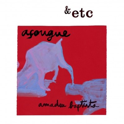 Capa de álbum vermelho com texto manuscrito e figura abstrata lilás