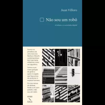 Capa do livro 'Não sou um robô' de Juan Villoro com fundo azul e imagens em preto e branco