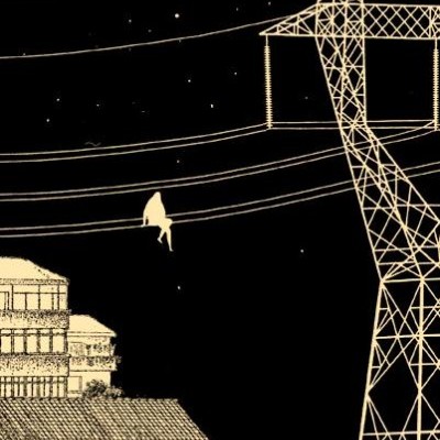 Ilustração de torre de eletricidade e pessoa sentada nos fios à noite com edifícios e texto no canto inferior.