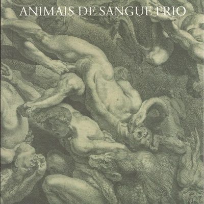 Capa de livro Animais de Sangue Frio com ilustração em cinza de figuras humanas e uma fera