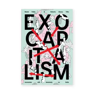 Livro EXOCAPITALISMO com capa verde, rosa e branca e texto em preto e vermelho