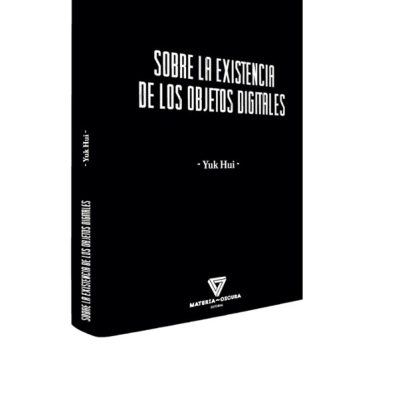Livro preto com texto branco Sobre la existencia de los objetos digitales