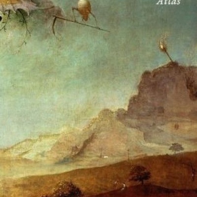 Capa do livro 'Atlas' de Jorge Luis Borges com pintura de paisagem e logotipo da Quetzal