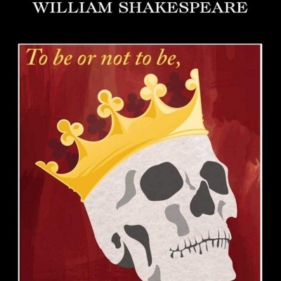 Capa de livro Hamlet com crânio e coroa dourada sobre fundo vermelho