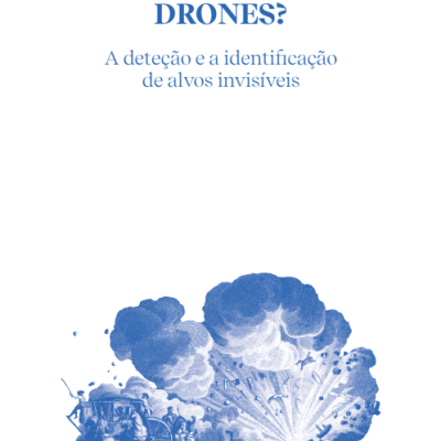 Capa do livro COMO PENSAM OS DRONES? com ilustração azul de explosão e pessoas a cavalo
