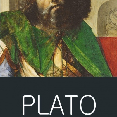 Capa de livro com pintura clássica de homem de manto verde e texto PLATO REPUBLIC
