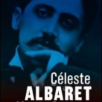 Retrato azul de homem com bigode e texto Céleste ALBARET Monsieur Proust