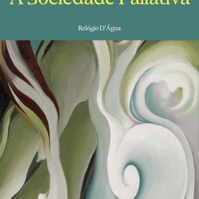 Capa de livro 'A Sociedade Paliativa' com design abstrato em tons verdes e azuis