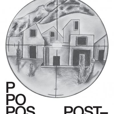 Capa de livro com desenho em preto e branco de casa visto através de mira telescópica e texto em preto