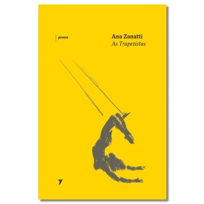 Capa de livro amarela com ilustração de trapezista cinzenta.