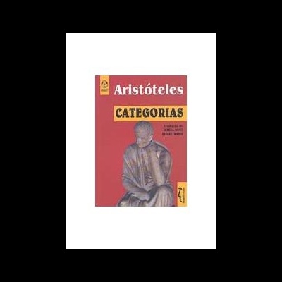 Capa vermelha de livro 'Aristóteles CATEGORIAS' com escultura cinzenta