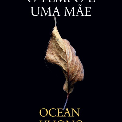 Capa de livro 'O TEMPO É UMA MÃE' com folha seca e texto em branco e dourado
