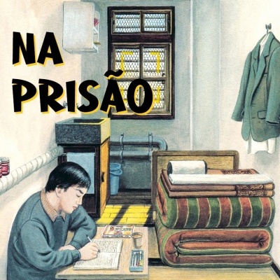 Capa de livro com ilustração de cela prisional e homem a escrever