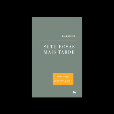 Capa de livro verde cinzento com título e autor em branco e etiqueta laranja com texto