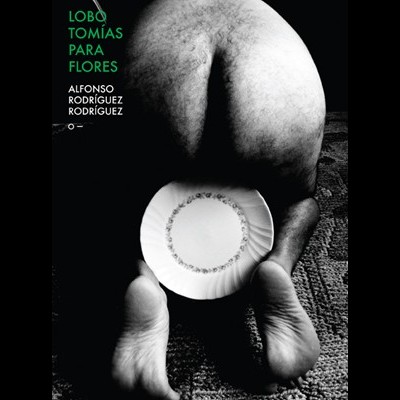 Pessoa ajoelhada de costas segurando prato branco com padrão floral e texto 'LOBO TOMIÁS PARA FLORES'.