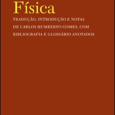 Capa de livro marrom com texto 'Aristóteles Física' e outros detalhes