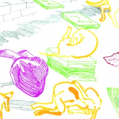 Capa de livro com cães amarelos, coração roxo, folhas e texto 'Talvez a dúvida' e 'Rui Almeida'