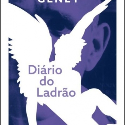 Capa de livro 'Diário do Ladrão' de Jean Genet com silhueta branca de anjo sobre fundo azul e lilás.