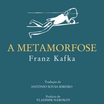 Capa do livro A Metamorfose de Franz Kafka com fundo azul e ilustração branca.