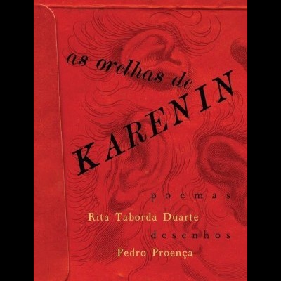 Capa de livro vermelha com texto e ilustração de orelhas