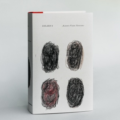 Livro branco com desenhos ovalados a preto e vermelho e texto na capa