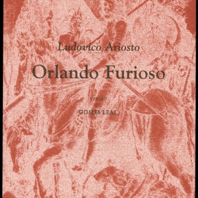 Capa de livro vermelho com texto Orlando Furioso e ilustrações de cavaleiros
