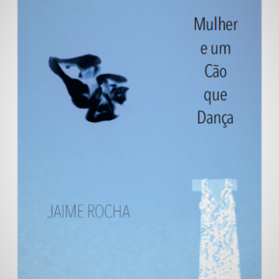 Capa de livro azul com silhueta preta de mulher e cão e vestido branco