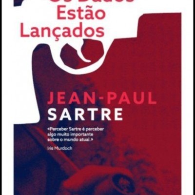 Capa de livro com título 'Os Dados Estão Lançados' e autor Jean-Paul Sartre em fundo vermelho e branco com imagem de arma.