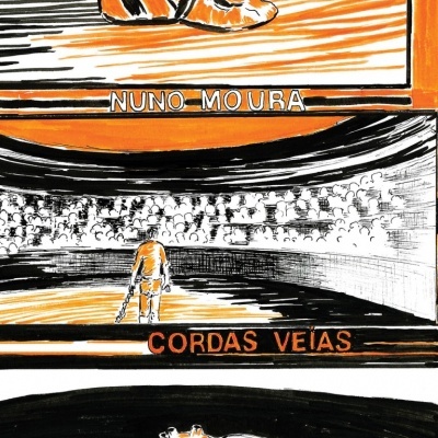 Ilustração em laranja, preto e branco de sapatos de fado, músico num palco e mão segurando palheta, com texto NUNO MOURA e CORDAS VEIAS