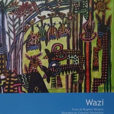 Capa de livro colorida com ilustração tribal e texto branco numa faixa azul