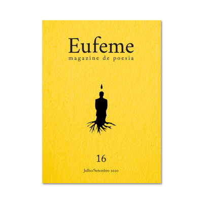 Capa amarela da revista 'Eufeme magazine de poesia' com ilustração preta de vela e raízes, número 16, data Julho/Setembro 2020