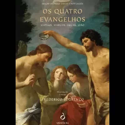 Capa de livro 'Os Quatro Evangelhos' com pintura clássica do batismo de Jesus