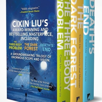 Box set de livros de ficção científica com lombadas coloridas e títulos visíveis.