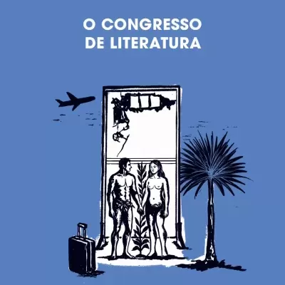 Capa de livro azul com título e ilustração de homem e mulher nus, uma mala e uma árvore