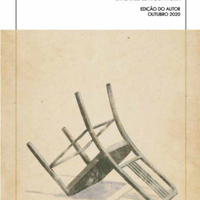 Capa de livro com ilustração de cadeira virada e texto no topo direito