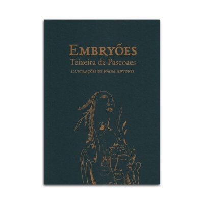 Capa azul escura do livro EMBRYÕES com texto e desenho dourados
