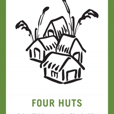 Capa do livro Four Huts com ilustração de quatro cabanas e texto em fundo branco e margem verde