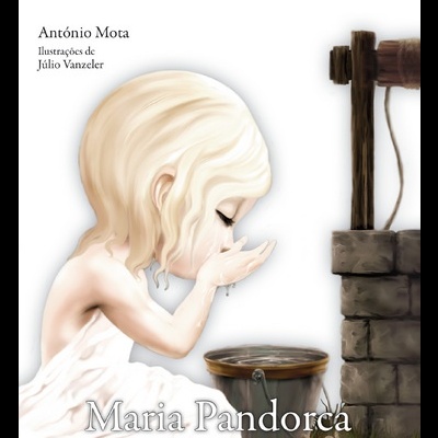 Capa de livro infantil com criança bebendo água de poço de pedra