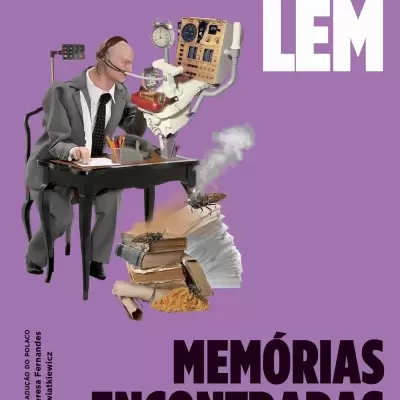 Capa de livro roxa com texto branco e preto, ilustrando homem de fato a trabalhar com equipamento tecnológico e livros.