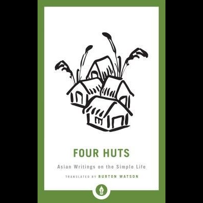 Capa de livro 'FOUR HUTS' com ilustração de quatro cabanas e texto