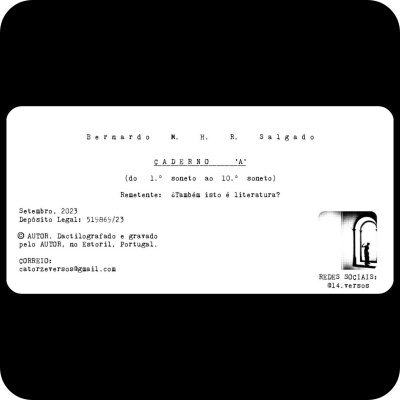 Capa de caderno literário em preto e branco com texto autoral e informações de contacto