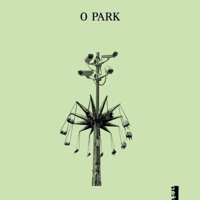 Capa de livro verde claro com título O PARK, autor Bruce Bégout, e imagem de carrossel com câmeras de vigilância