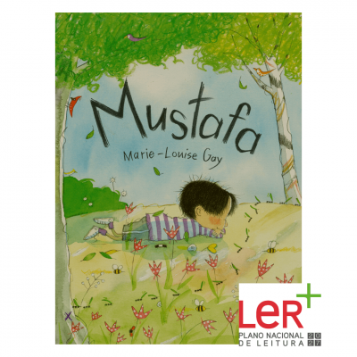 Capa do livro infantil Mustafa com ilustração de criança na relva e logotipo Plano Nacional de Leitura