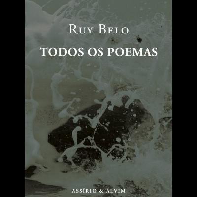 Capa de livro com texto RUY BELO TODOS OS POEMAS e ASSÍRIO & ALVIM em fundo abstrato cinzento e branco