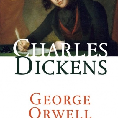 Capa de livro com retrato clássico e textos CHARLES DICKENS, GEORGE ORWELL, RELÓGIO D'ÁGUA