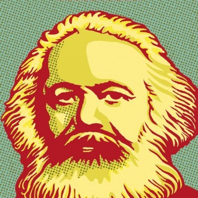 Capa do livro Karl Marx de Karl Korsch com ilustração estilizada de Karl Marx em amarelo, vermelho e verde.