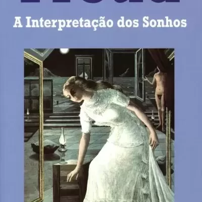 Capa do livro 'A Interpretação dos Sonhos' de Sigmund Freud com imagem de uma mulher com vestido branco e um homem ao fundo