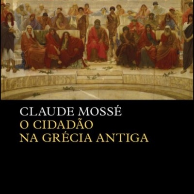 Capa de livro com pintura de cidadãos gregos antigos em anfiteatro e texto do título.